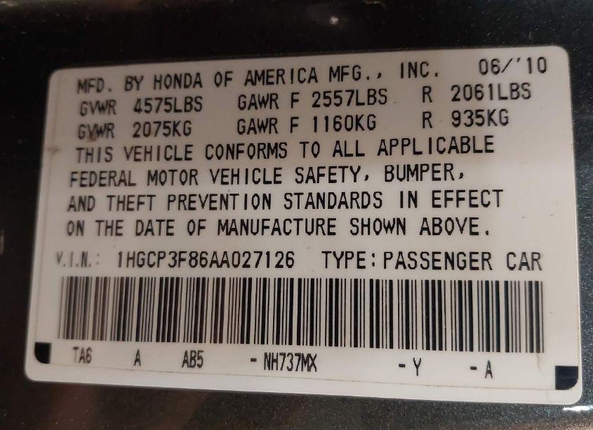 Photo 9 of 2010 Honda Accord 3.5 EX-L (VIN 1HGCP3F86AA027126)