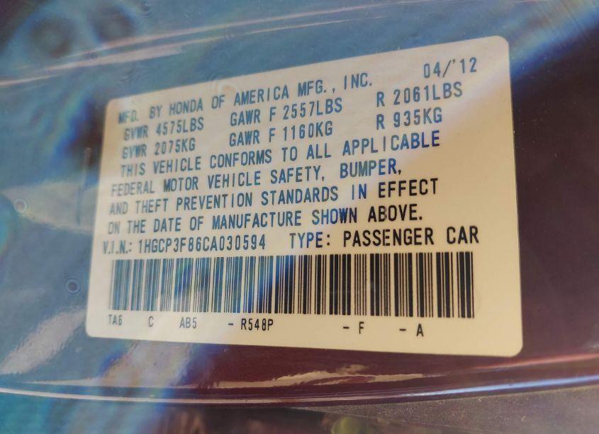 Photo 9 of 2012 Honda Accord 3.5 EX-L (VIN 1HGCP3F86CA030594)