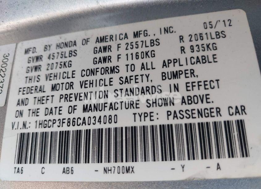 Photo 9 of 2012 Honda Accord 3.5 EX-L (VIN 1HGCP3F86CA034080)