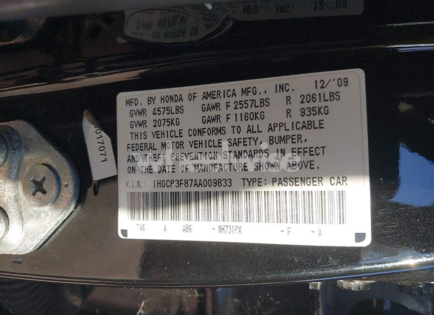 Photo 9 of 2010 Honda Accord 3.5 EX-L (VIN 1HGCP3F87AA009833)