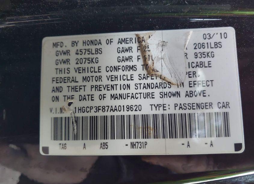 Photo 9 of 2010 Honda Accord 3.5 EX-L (VIN 1HGCP3F87AA019620)