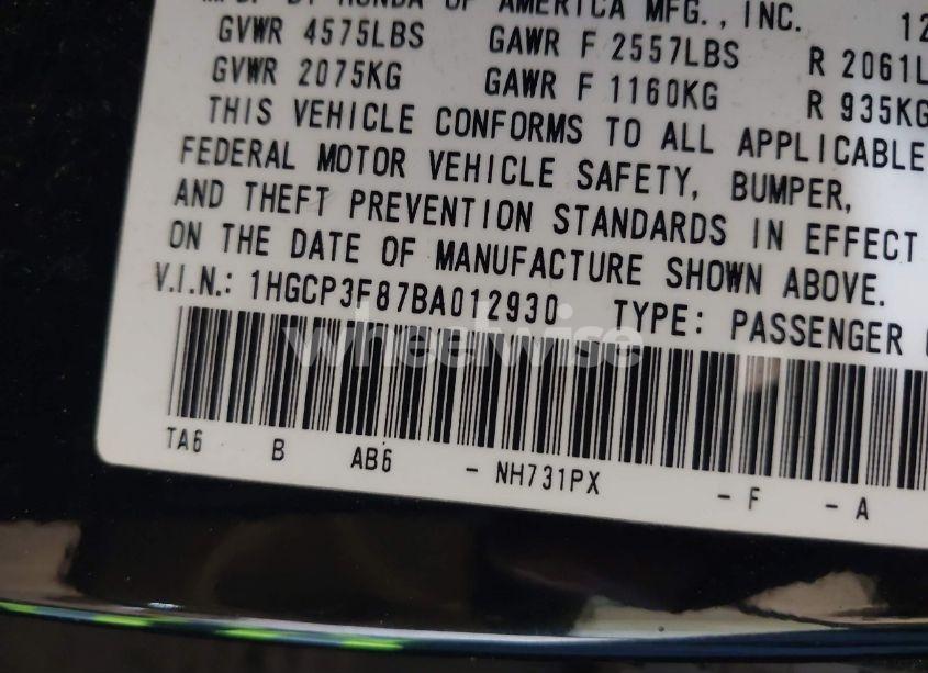 Photo 9 of 2011 Honda Accord 3.5 EX-L (VIN 1HGCP3F87BA012930)