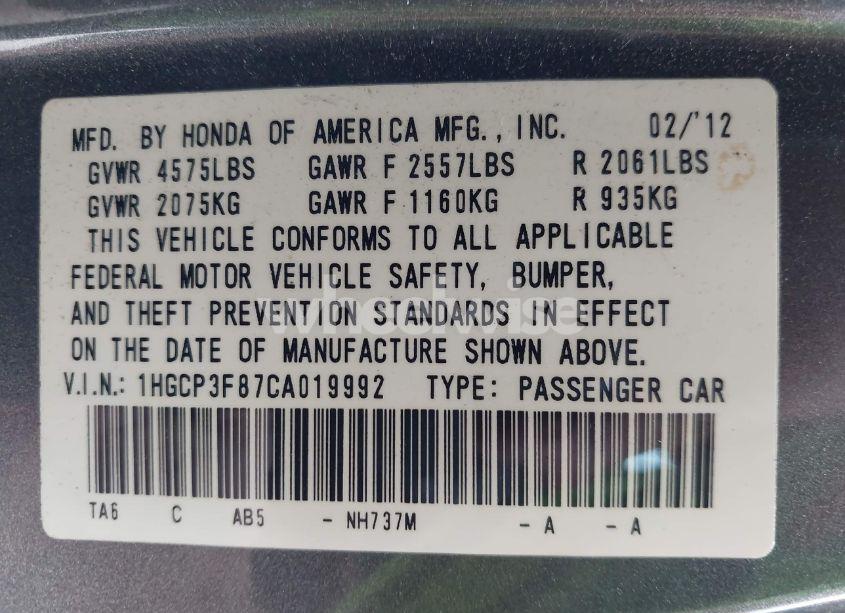 Photo 9 of 2012 Honda Accord 3.5 EX-L (VIN 1HGCP3F87CA019992)