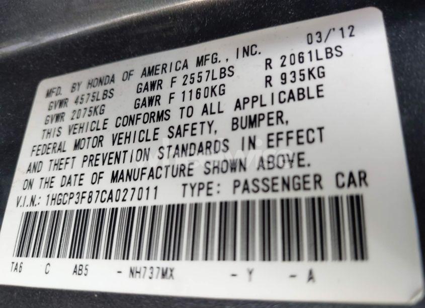 Photo 9 of 2012 Honda Accord 3.5 EX-L (VIN 1HGCP3F87CA027011)