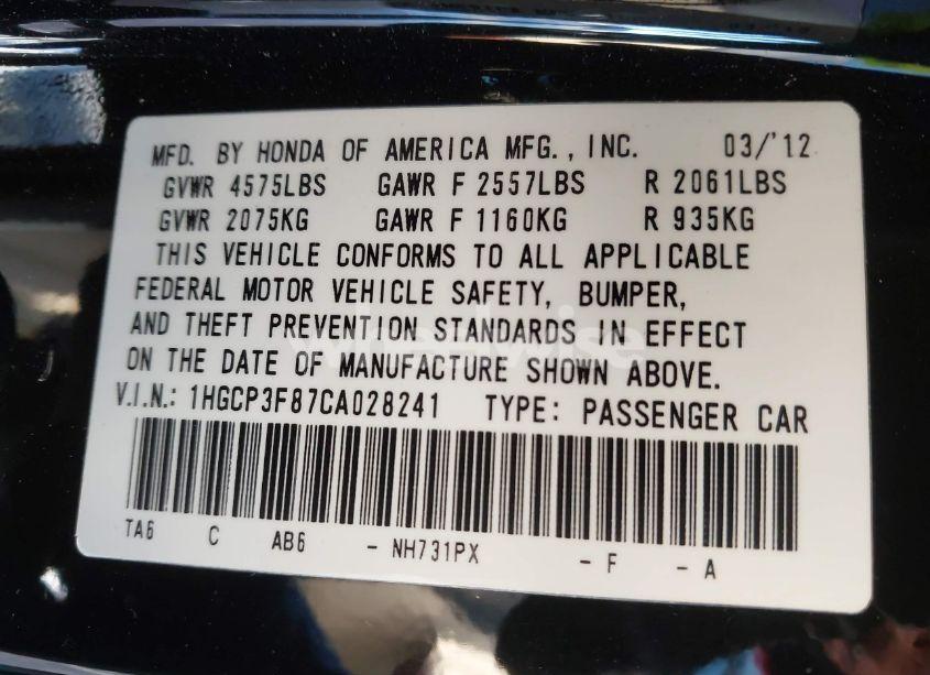 Photo 9 of 2012 Honda Accord 3.5 EX-L (VIN 1HGCP3F87CA028241)