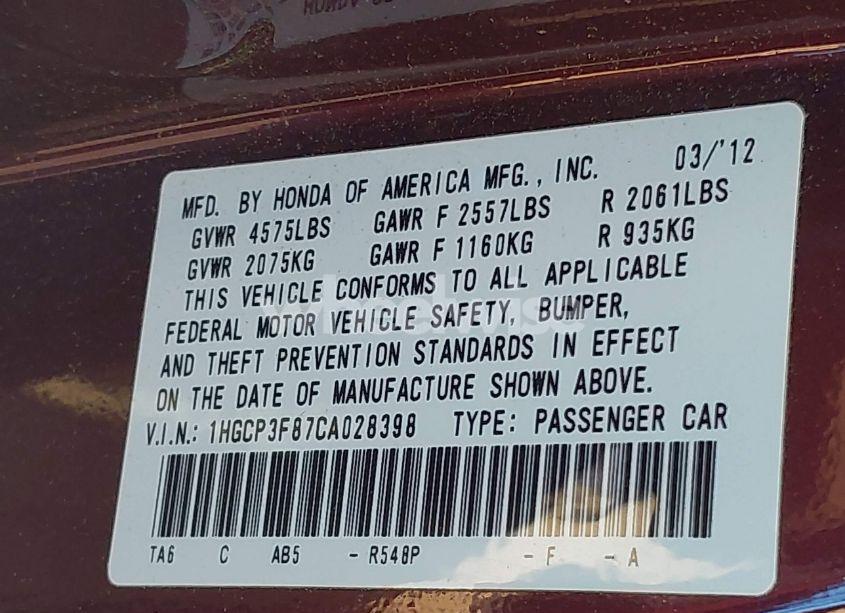 Photo 9 of 2012 Honda Accord 3.5 EX-L (VIN 1HGCP3F87CA028398)