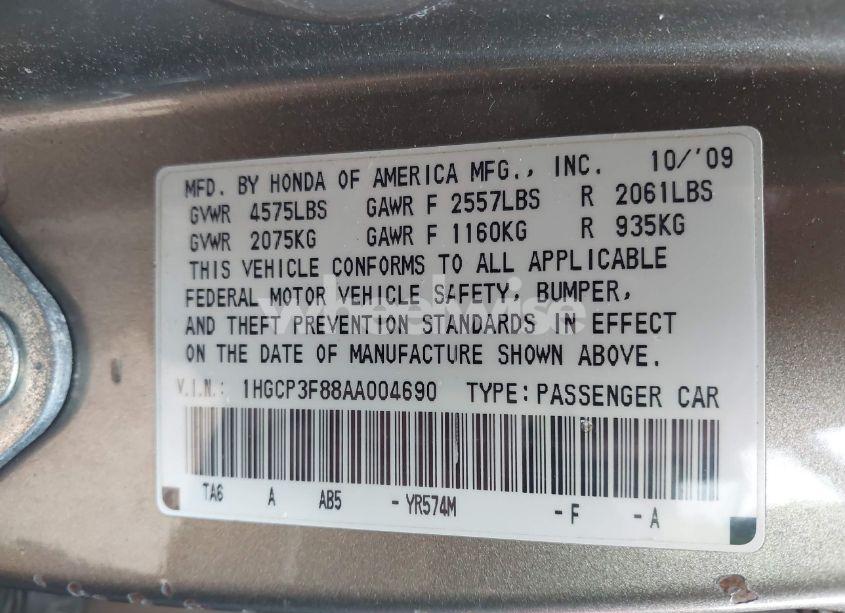 Photo 9 of 2010 Honda Accord 3.5 EX-L (VIN 1HGCP3F88AA004690)