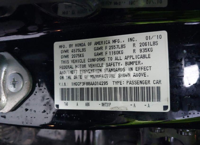 Photo 9 of 2010 Honda Accord 3.5 EX-L (VIN 1HGCP3F88AA014295)