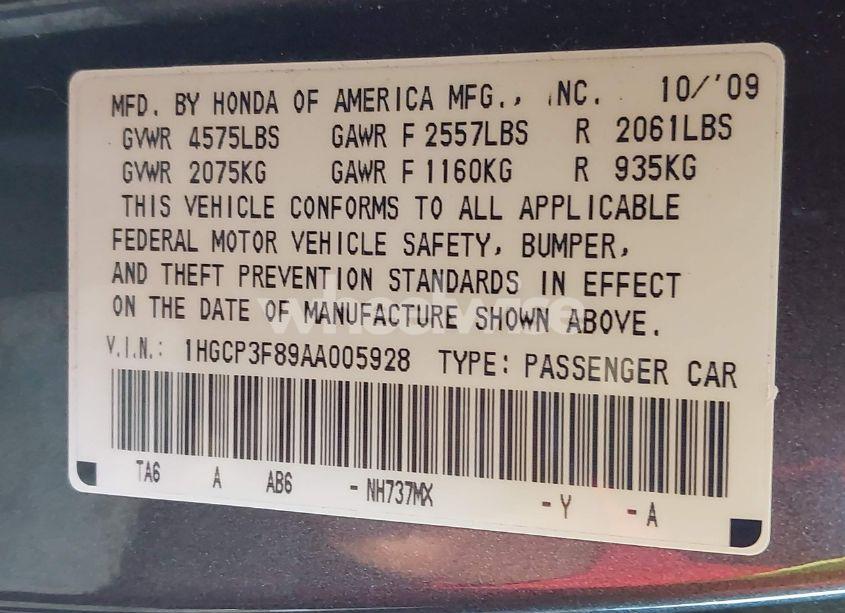 Photo 9 of 2010 Honda Accord 3.5 EX-L (VIN 1HGCP3F89AA005928)