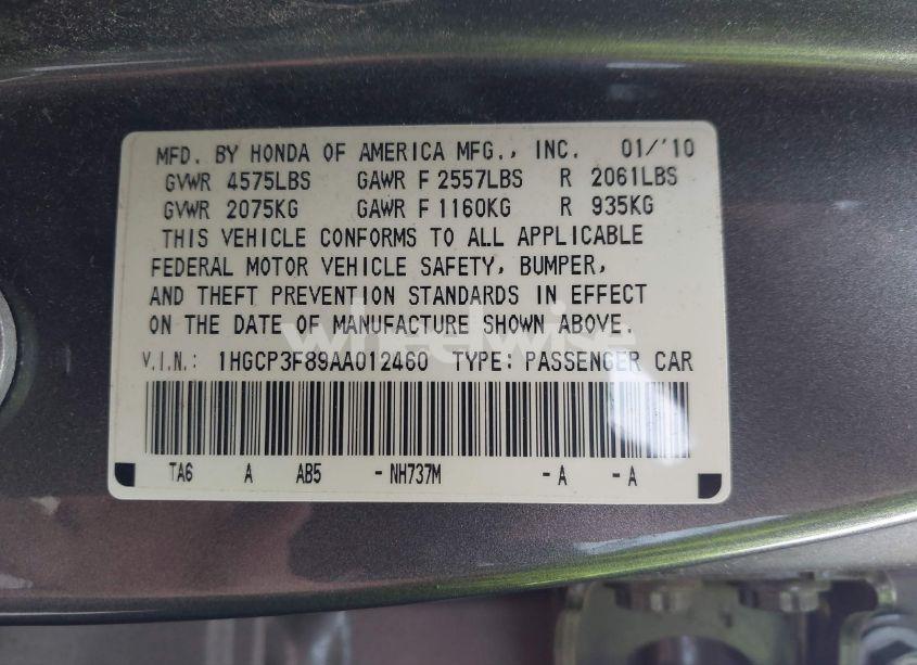 Photo 9 of 2010 Honda Accord 3.5 EX-L (VIN 1HGCP3F89AA012460)