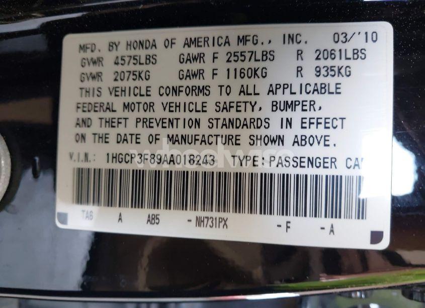 Photo 9 of 2010 Honda Accord 3.5 EX-L (VIN 1HGCP3F89AA018243)