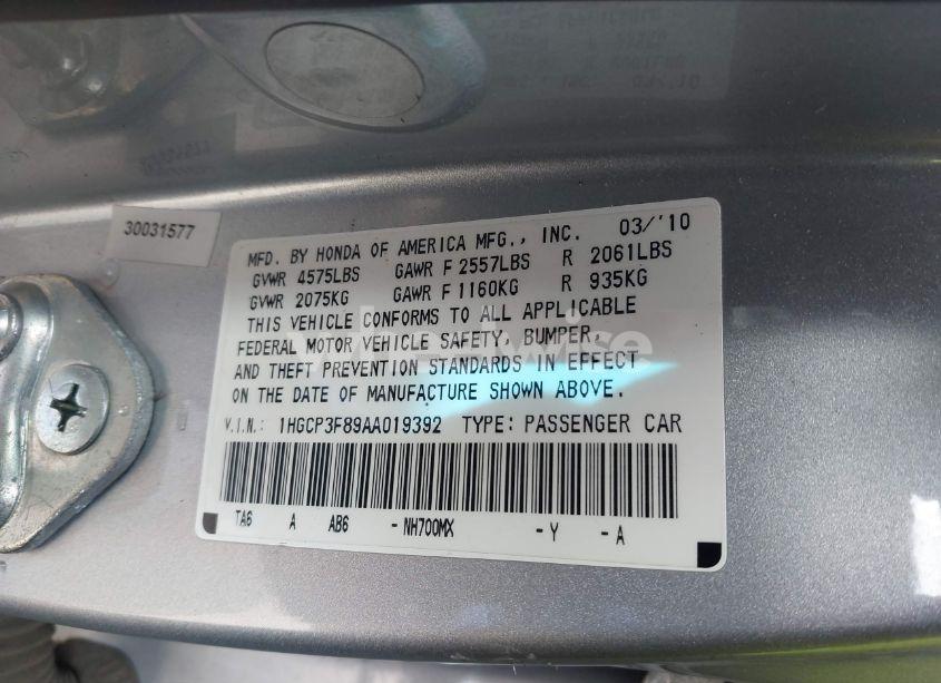 Photo 9 of 2010 Honda Accord 3.5 EX-L (VIN 1HGCP3F89AA019392)