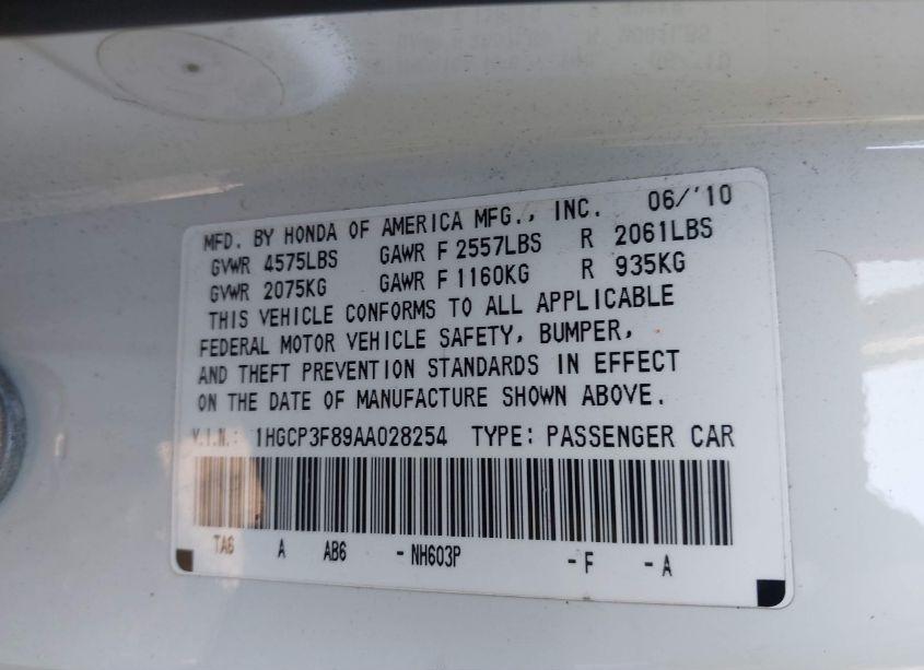 Photo 9 of 2010 Honda Accord 3.5 EX-L (VIN 1HGCP3F89AA028254)