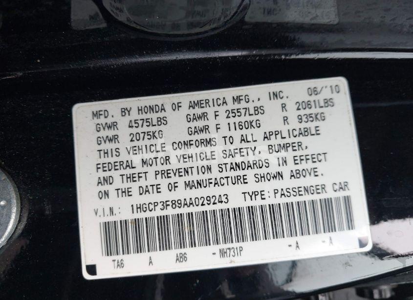 Photo 9 of 2010 Honda Accord 3.5 EX-L (VIN 1HGCP3F89AA029243)