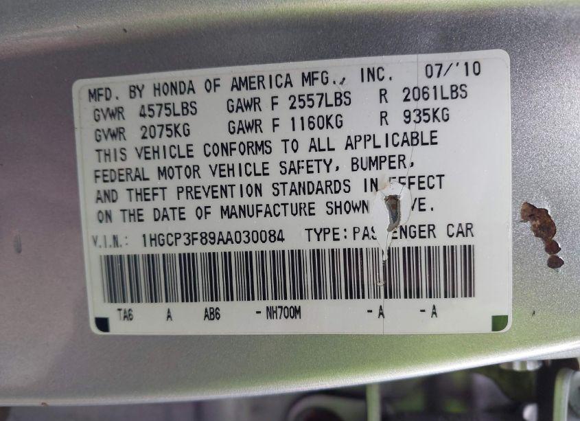 Photo 9 of 2010 Honda Accord 3.5 EX-L (VIN 1HGCP3F89AA030084)
