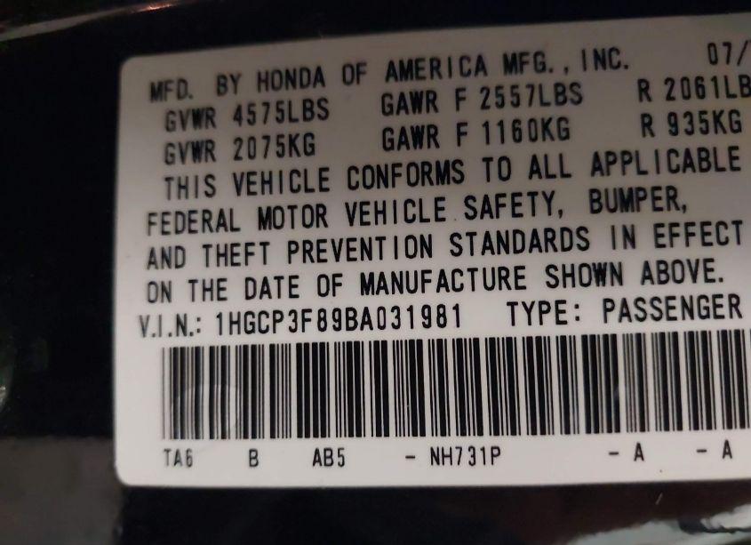 Photo 9 of 2011 Honda Accord 3.5 EX-L (VIN 1HGCP3F89BA031981)