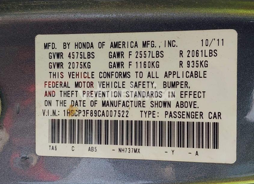 Photo 9 of 2012 Honda Accord 3.5 EX-L (VIN 1HGCP3F89CA007522)