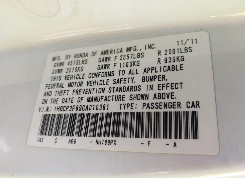 Photo 9 of 2012 Honda Accord 3.5 EX-L (VIN 1HGCP3F89CA010081)