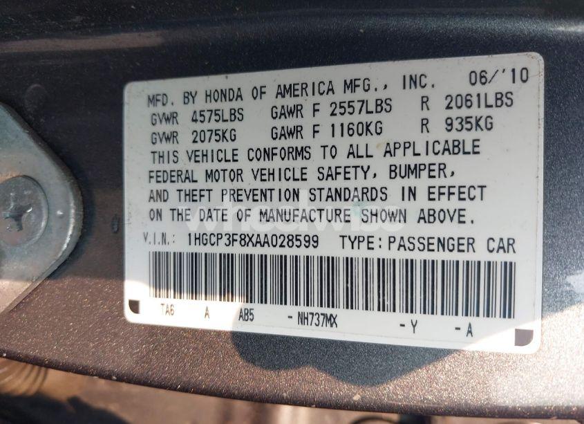 Photo 9 of 2010 Honda Accord 3.5 EX-L (VIN 1HGCP3F8XAA028599)