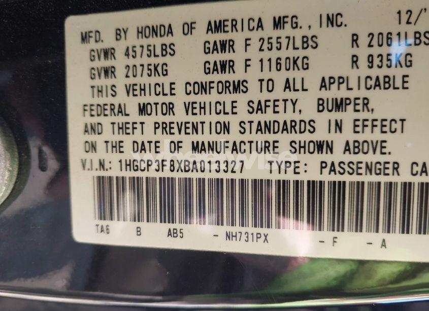 Photo 9 of 2011 Honda Accord 3.5 EX-L (VIN 1HGCP3F8XBA013327)
