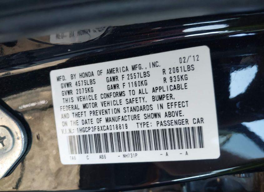 Photo 9 of 2012 Honda Accord 3.5 EX-L (VIN 1HGCP3F8XCA018819)