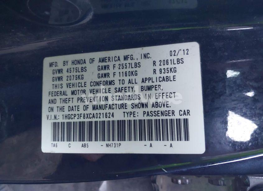 Photo 9 of 2012 Honda Accord 3.5 EX-L (VIN 1HGCP3F8XCA021624)