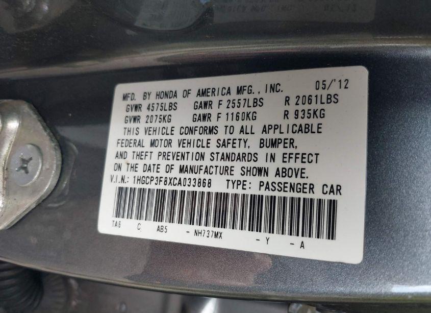 Photo 9 of 2012 Honda Accord 3.5 EX-L (VIN 1HGCP3F8XCA033868)