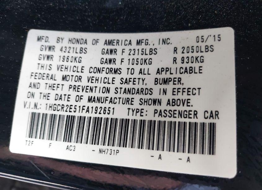 Photo 9 of 2015 Honda Accord SPORT (VIN 1HGCR2E51FA192651)