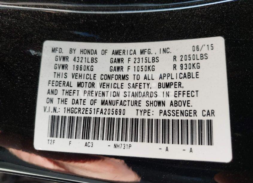 Photo 9 of 2015 Honda Accord SPORT (VIN 1HGCR2E51FA205690)