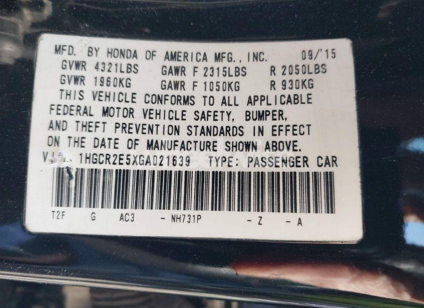 Photo 9 of 2016 Honda Accord SPORT (VIN 1HGCR2E5XGA021639)