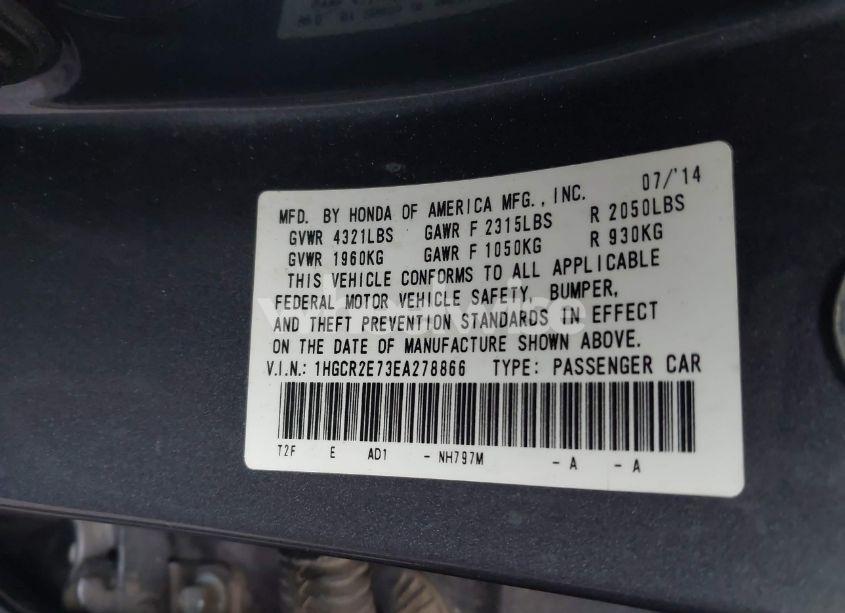 Photo 9 of 2014 Honda Accord EX (VIN 1HGCR2E73EA278866)
