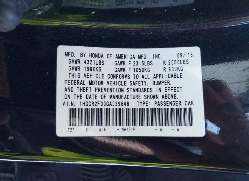 Photo 9 of 2016 Honda Accord EX (VIN 1HGCR2F00GA029848)