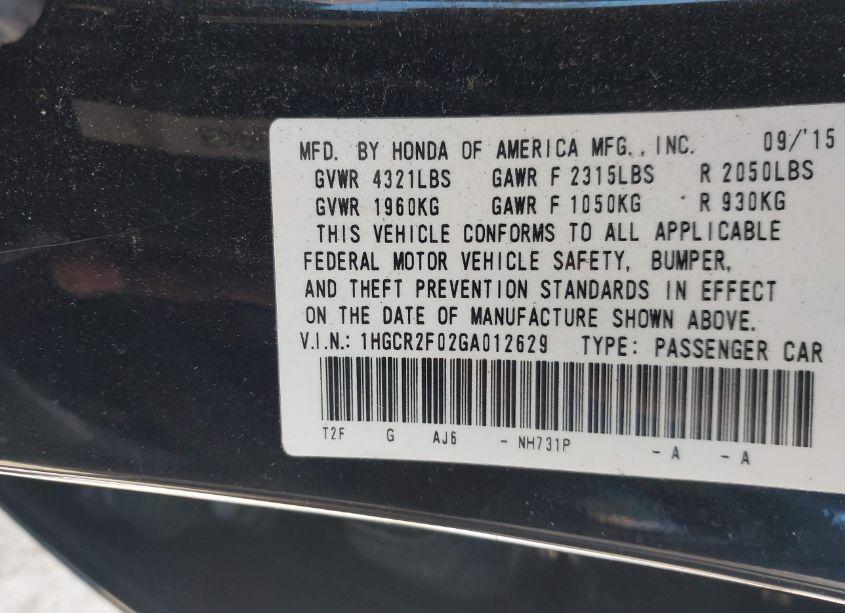 Photo 9 of 2016 Honda Accord EX (VIN 1HGCR2F02GA012629)