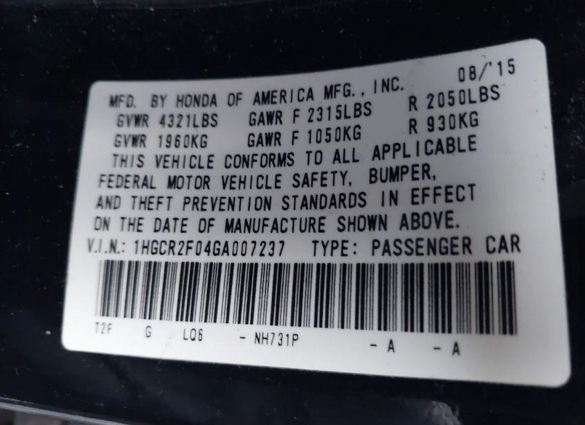 Photo 9 of 2016 Honda Accord EX (VIN 1HGCR2F04GA007237)