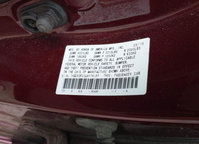 Photo 9 of 2016 Honda Accord EX (VIN 1HGCR2F05GA174187)