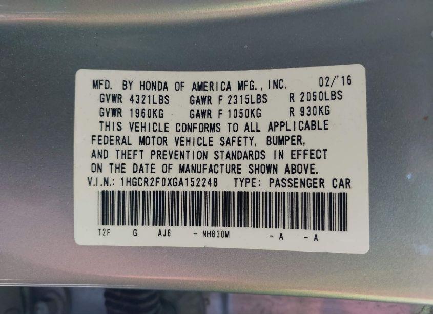 Photo 9 of 2016 Honda Accord EX (VIN 1HGCR2F0XGA152248)