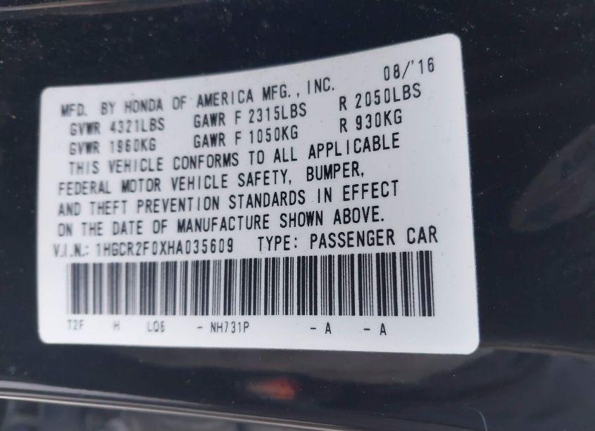 Photo 9 of 2017 Honda Accord EX (VIN 1HGCR2F0XHA035609)