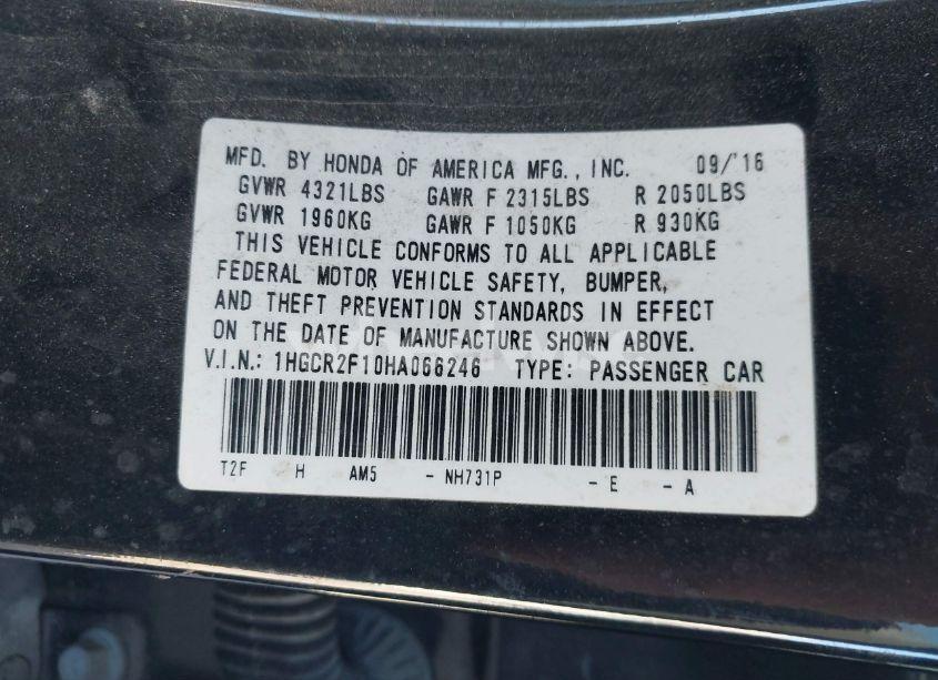 Photo 9 of 2017 Honda Accord SPORT SE (VIN 1HGCR2F10HA066246)