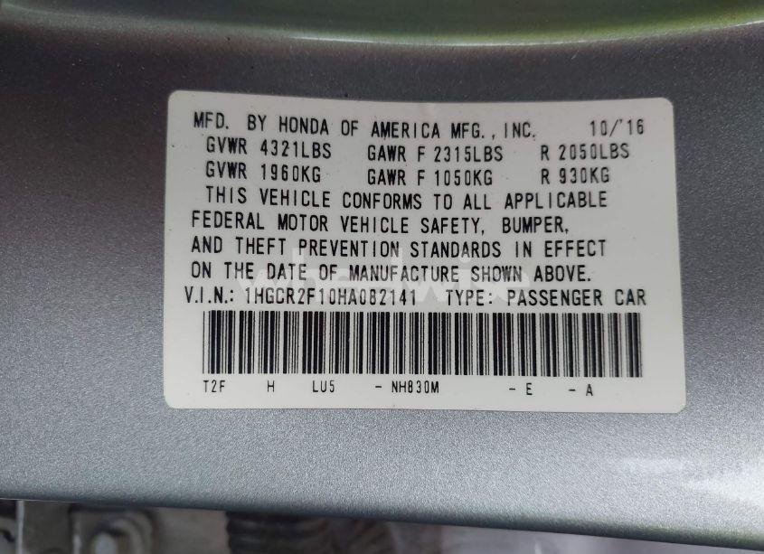 Photo 9 of 2017 Honda Accord SPORT SE (VIN 1HGCR2F10HA082141)