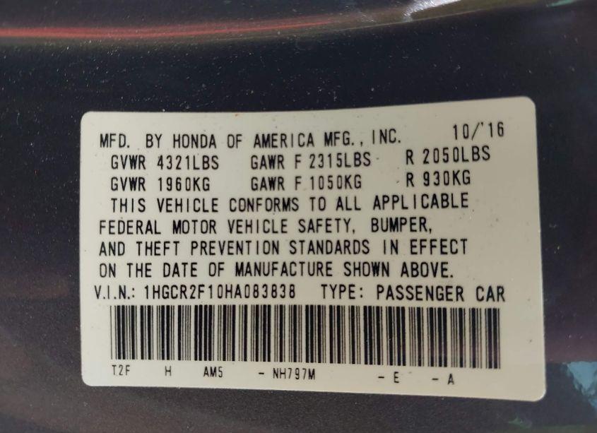 Photo 9 of 2017 Honda Accord SPORT SE (VIN 1HGCR2F10HA083838)