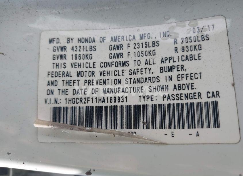 Photo 9 of 2017 Honda Accord SPORT SE (VIN 1HGCR2F11HA189831)