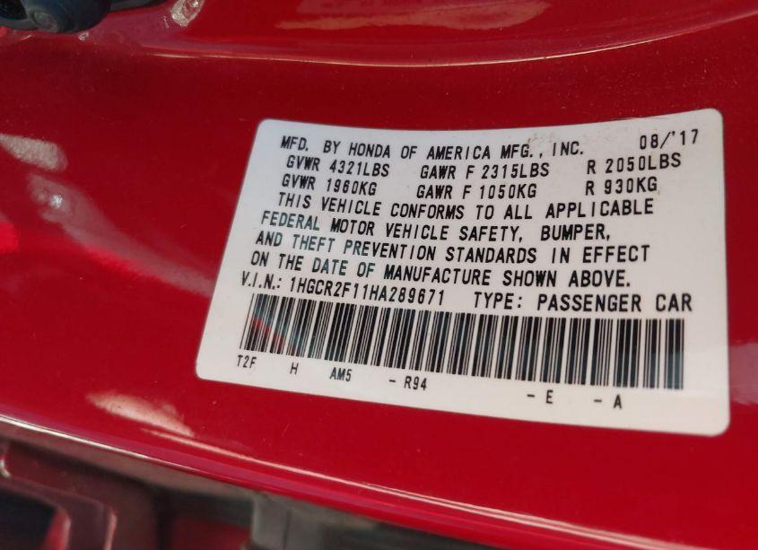 Photo 9 of 2017 Honda Accord SPORT SE (VIN 1HGCR2F11HA289671)