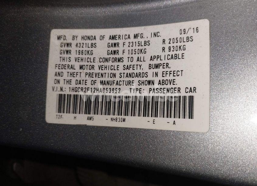 Photo 9 of 2017 Honda Accord SPORT SE (VIN 1HGCR2F12HA053952)