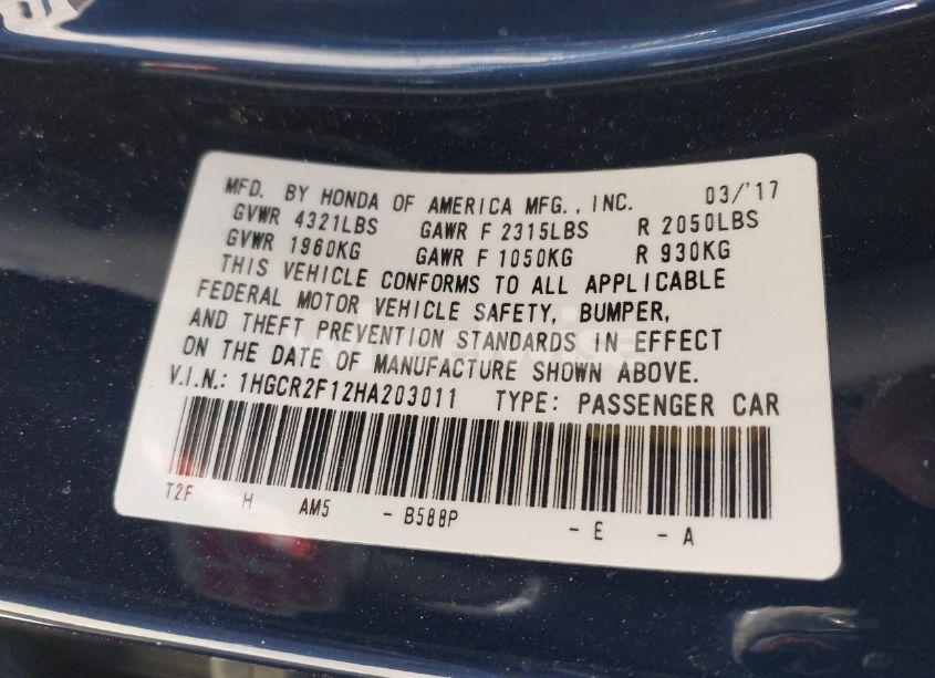 Photo 9 of 2017 Honda Accord SPORT SE (VIN 1HGCR2F12HA203011)