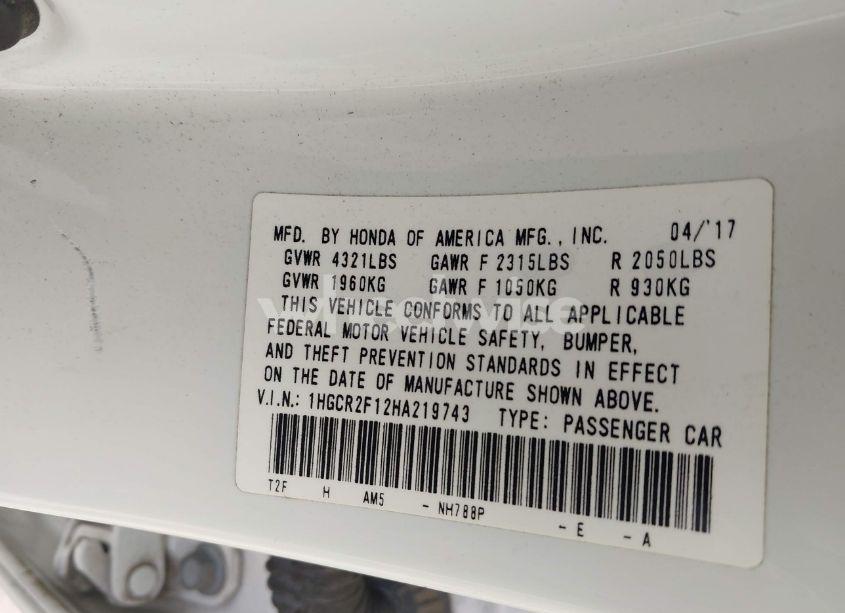 Photo 9 of 2017 Honda Accord SPORT SE (VIN 1HGCR2F12HA219743)