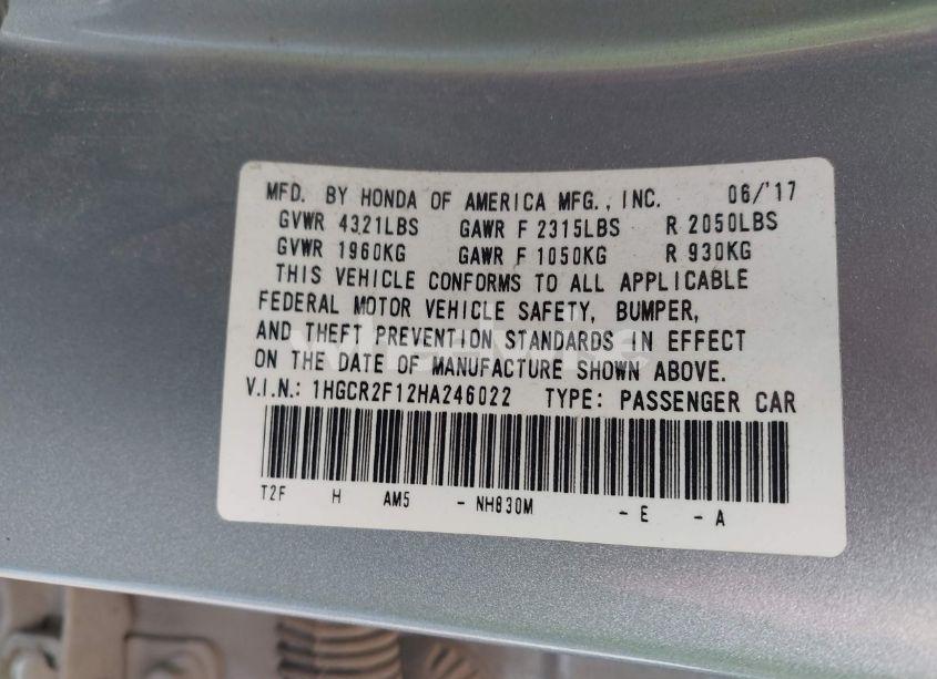 Photo 9 of 2017 Honda Accord SPORT SE (VIN 1HGCR2F12HA246022)