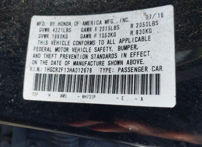 Photo 9 of 2017 Honda Accord SPORT SE (VIN 1HGCR2F13HA012679)