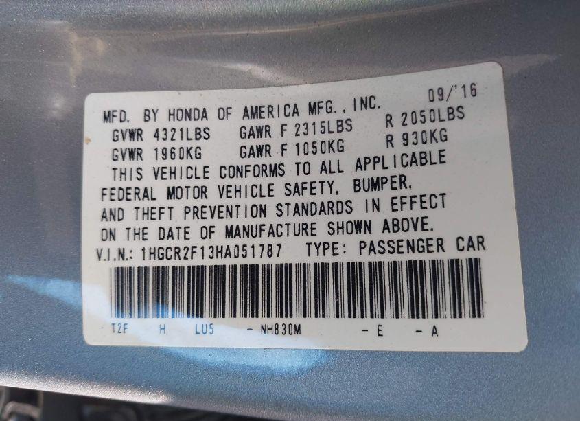 Photo 9 of 2017 Honda Accord SPORT SE (VIN 1HGCR2F13HA051787)