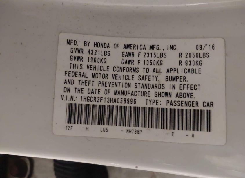 Photo 9 of 2017 Honda Accord SPORT SE (VIN 1HGCR2F13HA058996)