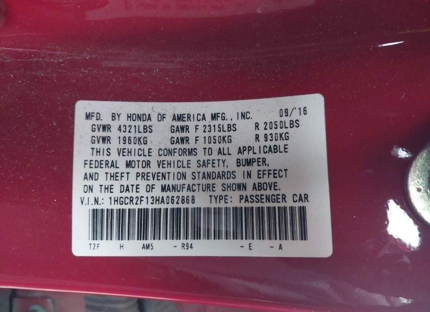 Photo 9 of 2017 Honda Accord SPORT SE (VIN 1HGCR2F13HA062868)